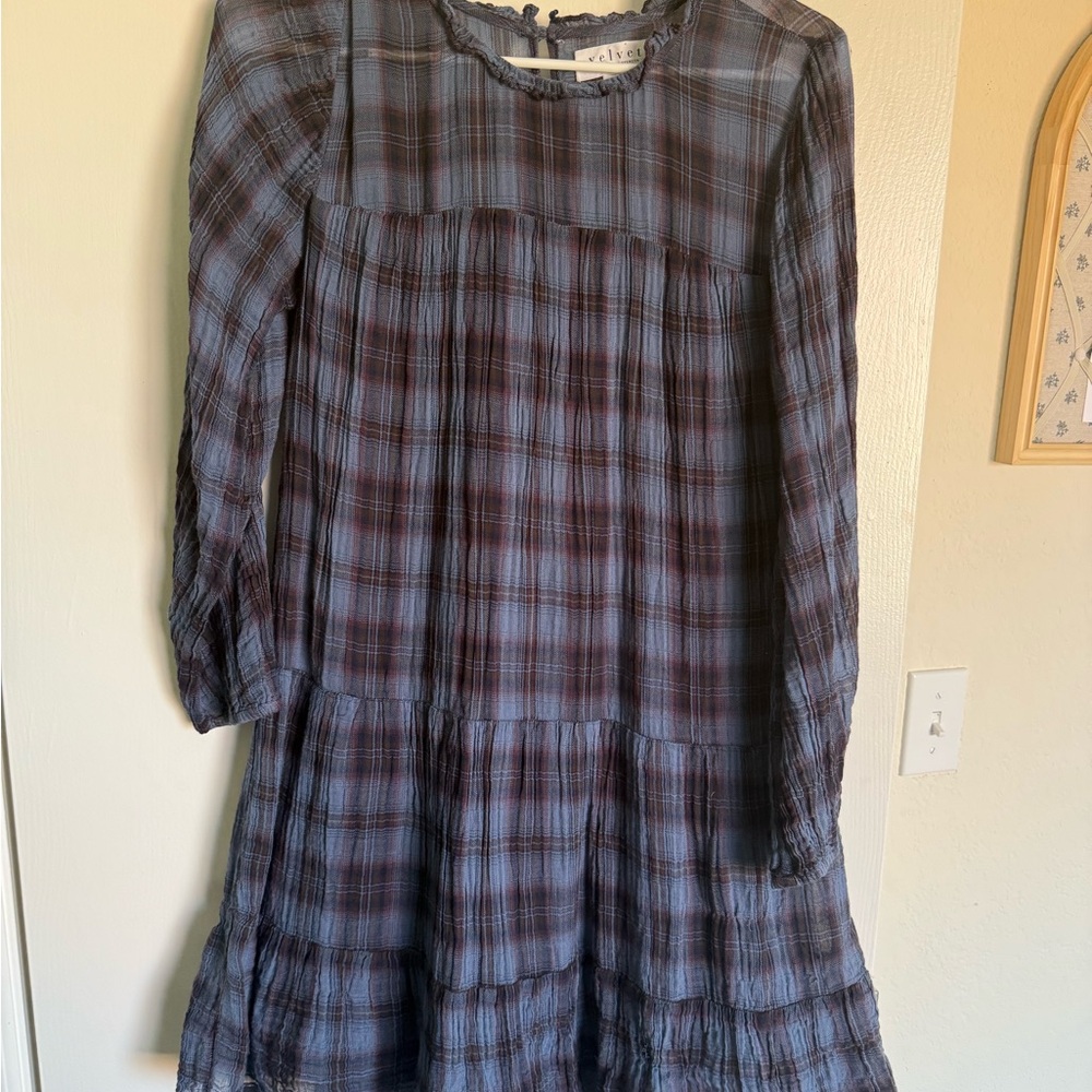 Velvet Blue and White Casual Sundress with Bishop Sleeves